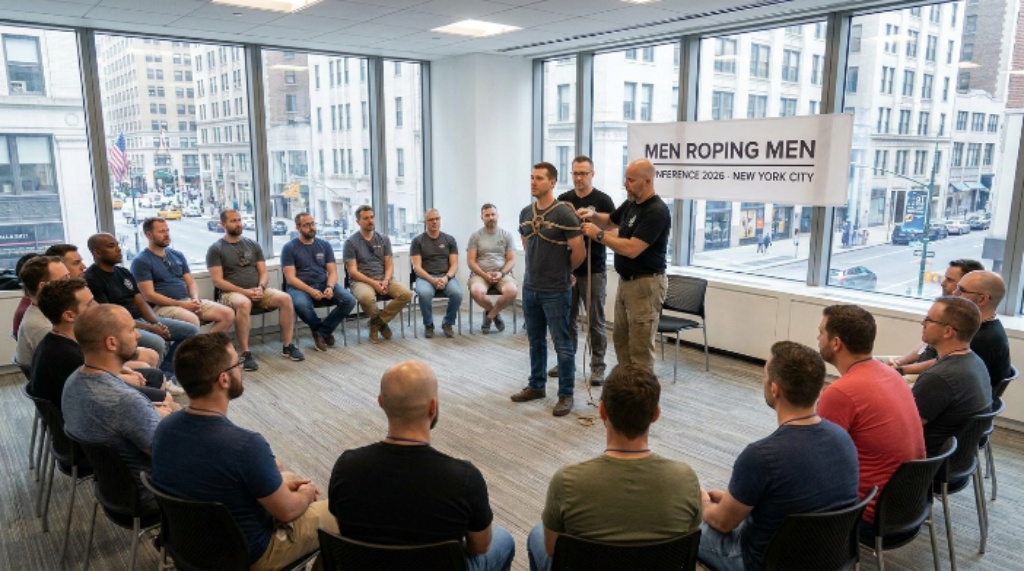 Rope bondage instructors demonstrating technique to a group of seated participants during a daytime class at the Men Roping Men 2026 conference in New York City