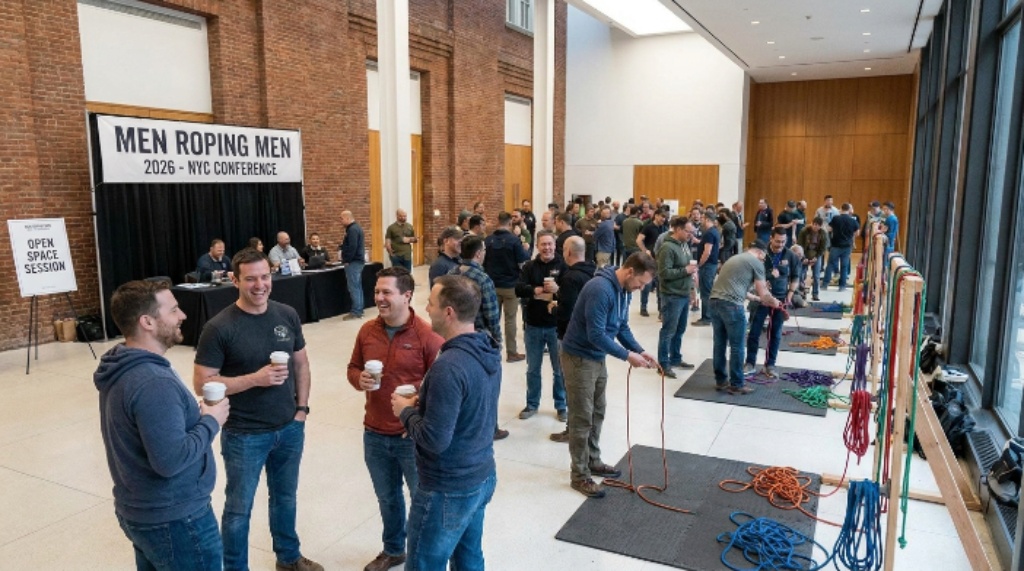 Attendees socializing and practicing rope skills during the open space session at the Men Roping Men 2026 weekend conference in NYC