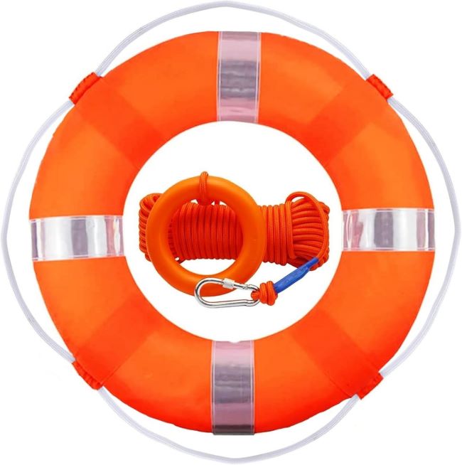 RAYBITU 20-inch lifebuoy set with 98.4-foot floating lifesaving rope for pool and boating safety