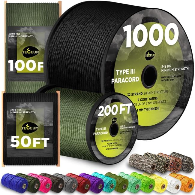 TECEUM 5/32-inch nylon paracord rope for camping, survival, crafting, and outdoor utility projects