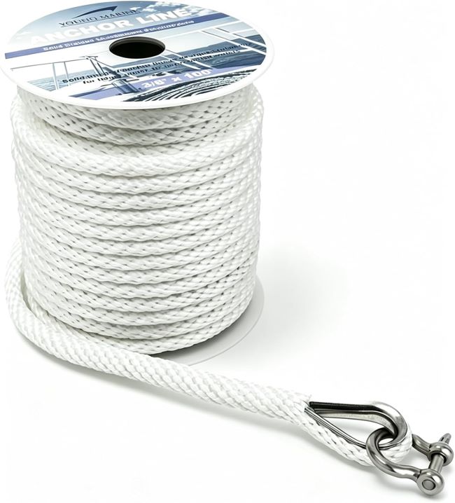 Young Marine 3/8-inch x 100-foot solid braid MFP anchor rope with stainless steel thimble and shackle