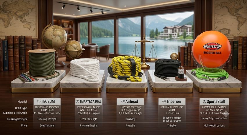 Marine-grade rope for tubing with reinforced loop ends for reliable boat towing and recreational water activities in California
