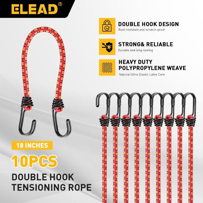 ELEAD elastic bungee cords featuring durable metal hooks for reliable tie-downs