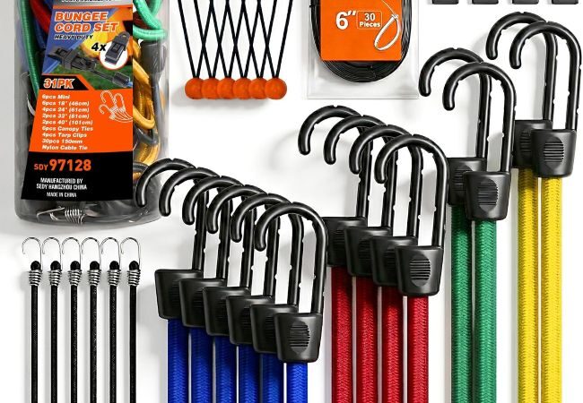 HORUSDY bungee cords and tarp clips for securing tarps and outdoor gear