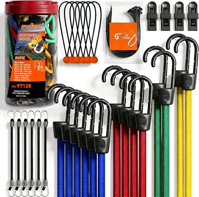 HORUSDY bungee cords and tarp clips for securing tarps and outdoor gear