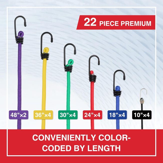 WORKPRO assorted bungee cord set organized for storage, transport, and outdoor use