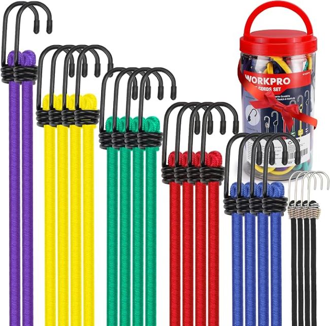WORKPRO 22-piece bungee cord assortment with assorted lengths and hooks