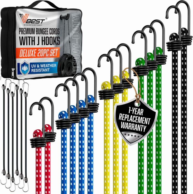 vbest 20-piece bungee cord set with hooks for securing cargo and outdoor gear
