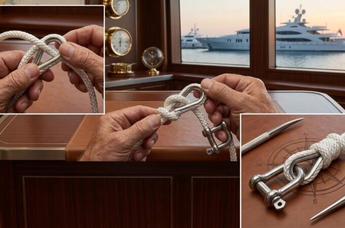 Boater tying an anchor bend around a boat anchor shackle