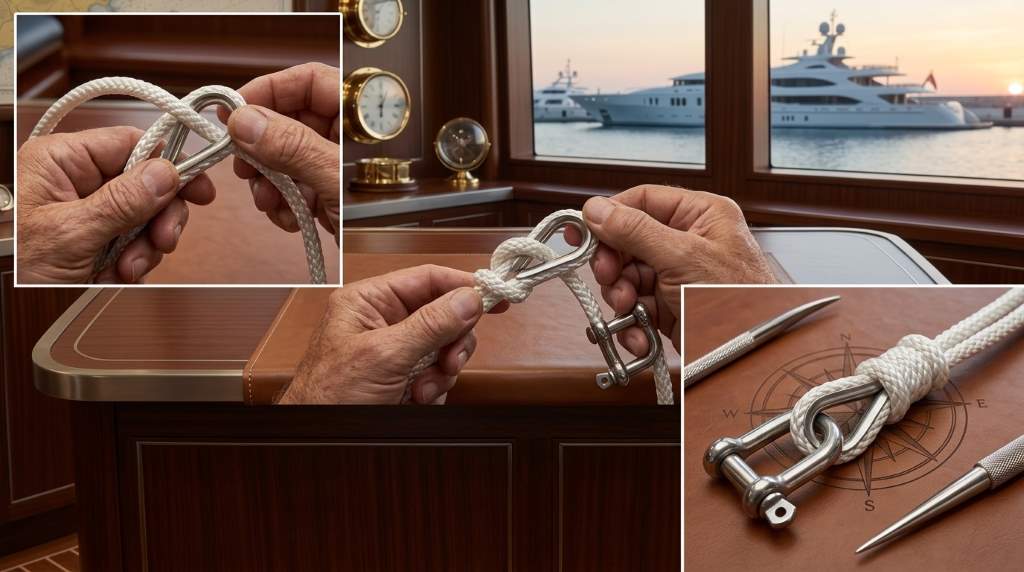 Boater tying an anchor bend around a boat anchor shackle