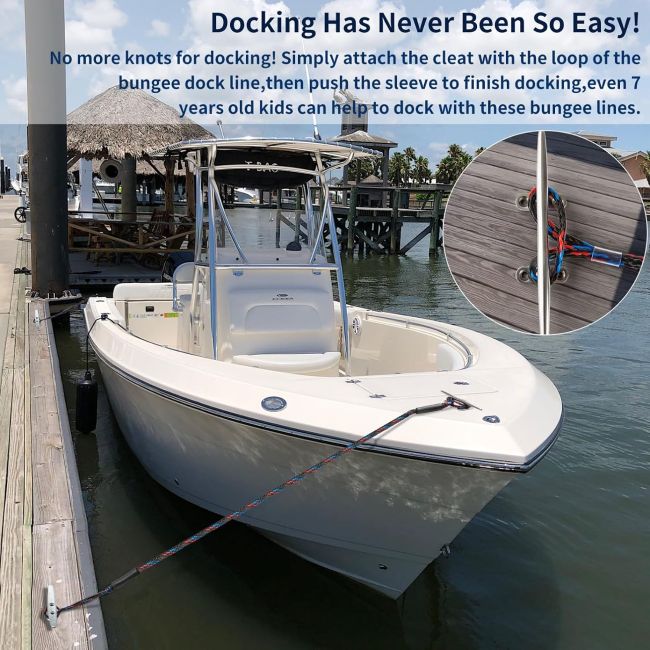 Bungee dock ropes for securing boats at the dock