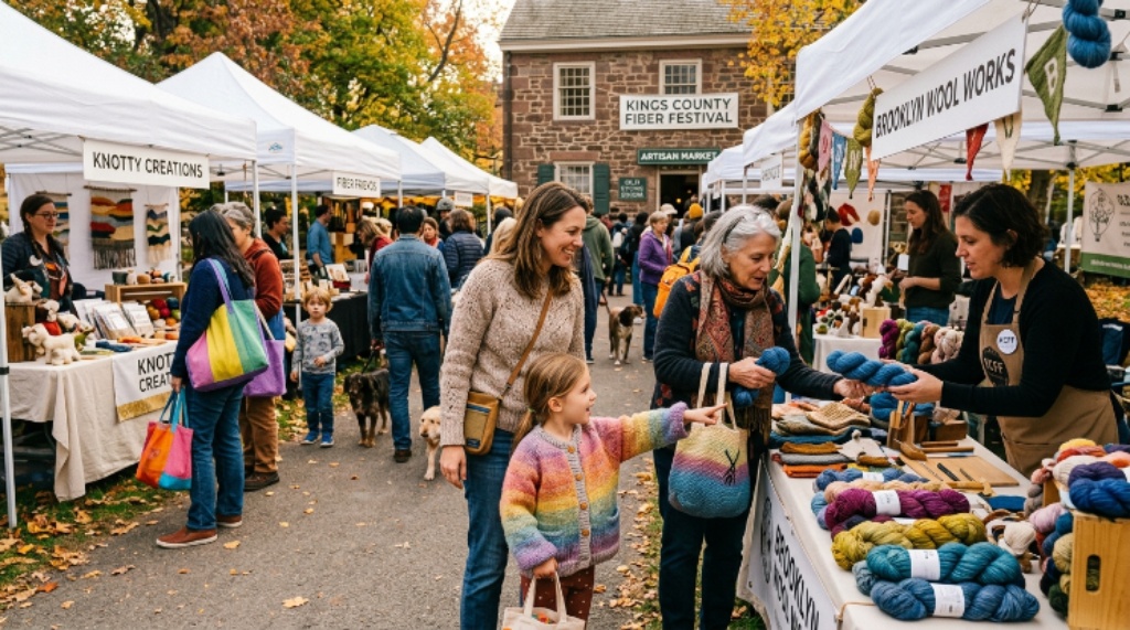 Families and crafters exploring the artisan market at Kings County Fiber Festival Brooklyn