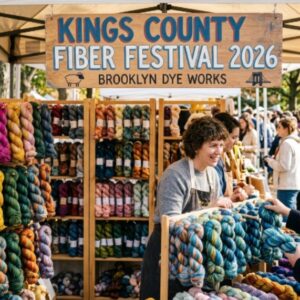 Colorful hand-dyed yarn skeins displayed at Kings County Fiber Festival 2026 vendor booth