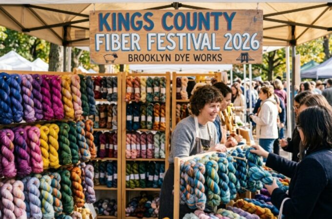 Colorful hand-dyed yarn skeins displayed at Kings County Fiber Festival 2026 vendor booth