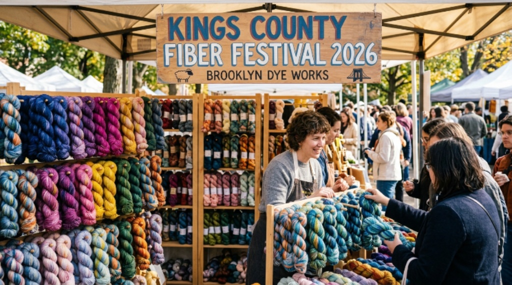 Colorful hand-dyed yarn skeins displayed at Kings County Fiber Festival 2026 vendor booth