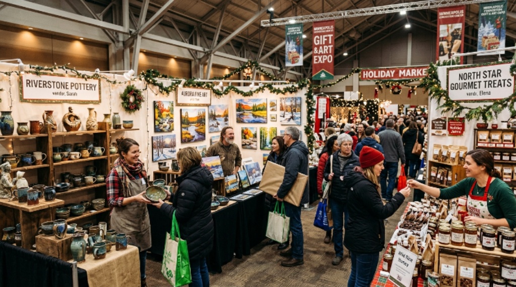 Festive holiday shopping booths with pottery, paintings, and gourmet food at the Minneapolis Convention Center Gift and Art Expo