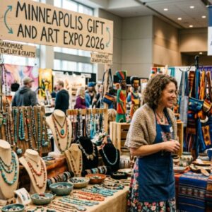 Colorful handmade jewelry and crafts displayed at the Minneapolis Gift and Art Expo 2026 at Minneapolis Convention Center