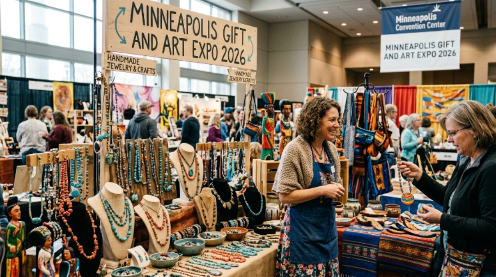 Colorful handmade jewelry and crafts displayed at the Minneapolis Gift and Art Expo 2026 at Minneapolis Convention Center