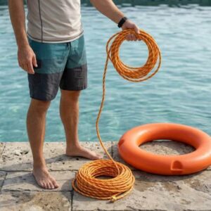 Person throwing a rope-attached life preserver ring toward a swimmer