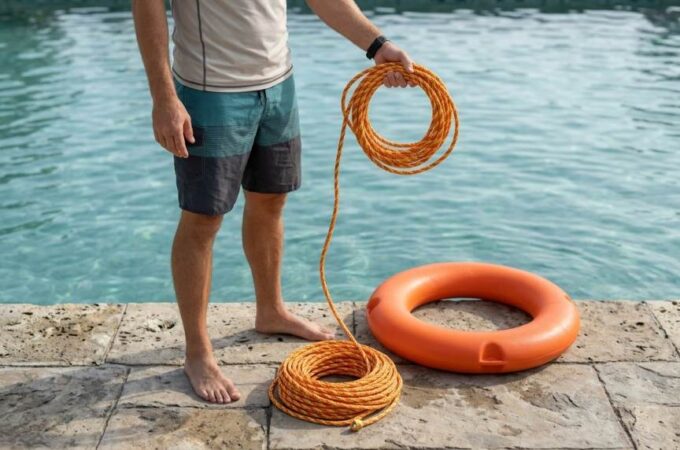 Person throwing a rope-attached life preserver ring toward a swimmer