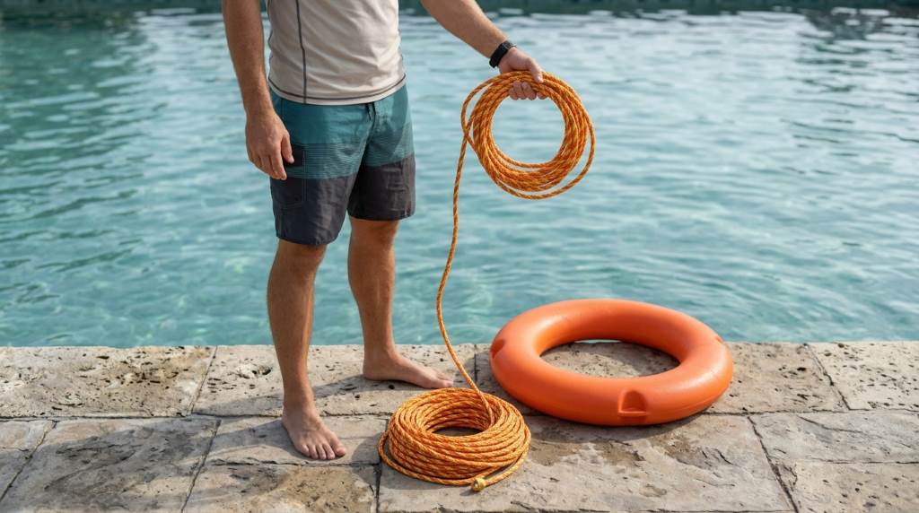 Person throwing a rope-attached life preserver ring toward a swimmer