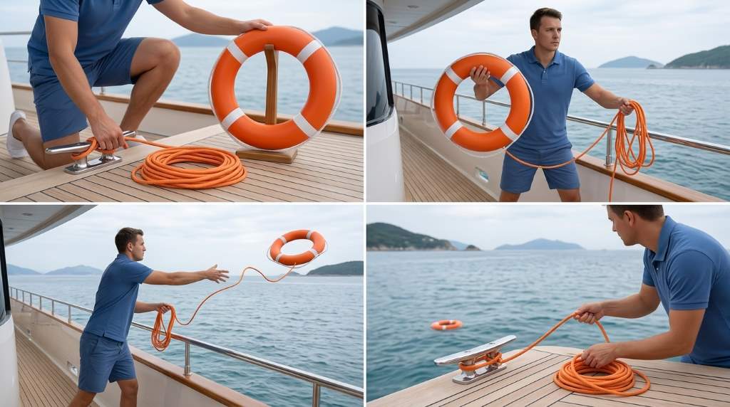 Rescue rope coiled safely beside a life preserver ring