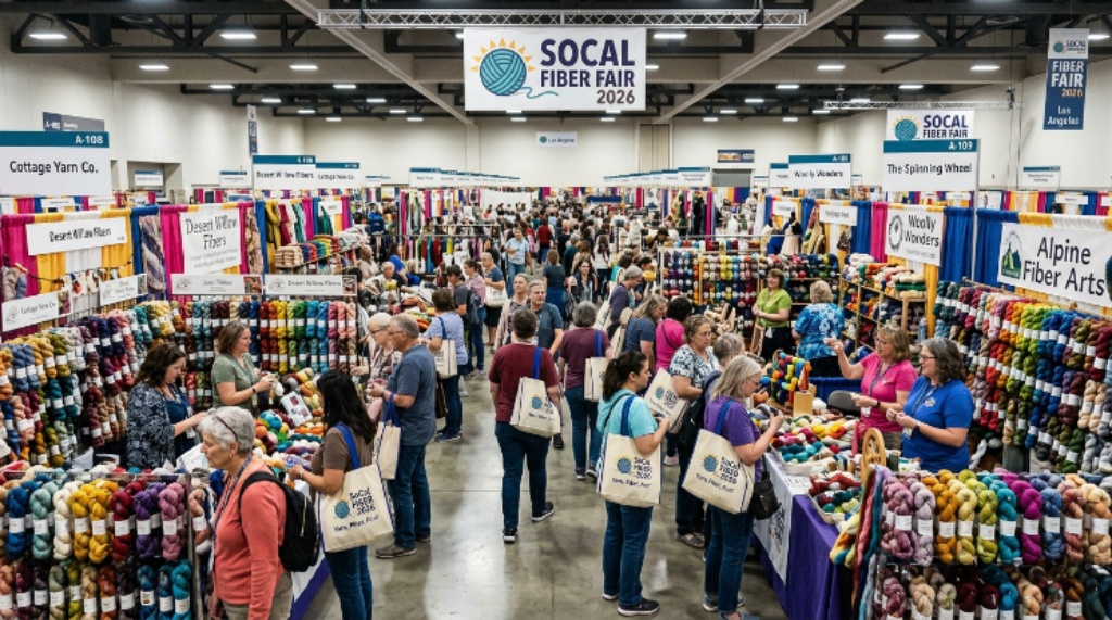 Rows of yarn and fiber vendor booths filled with visitors at the SoCal Fiber Fair 2026