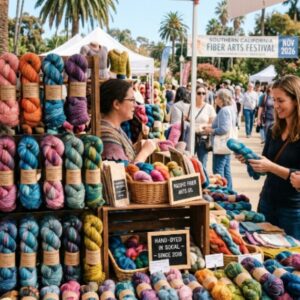 Colorful hand-dyed skeins of yarn displayed at a Southern California fiber arts fair in November 2026