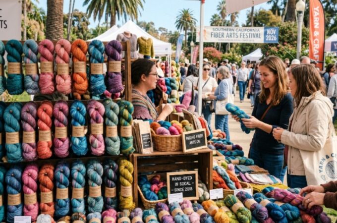 Colorful hand-dyed skeins of yarn displayed at a Southern California fiber arts fair in November 2026