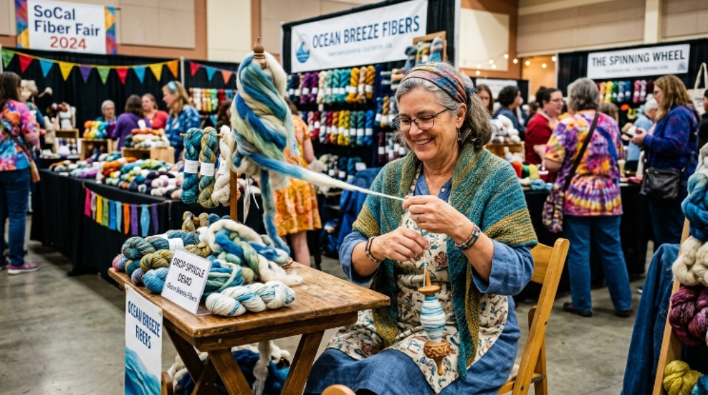 A fiber artist demonstrating drop spindle spinning at the SoCal Fiber Fair vendor hall