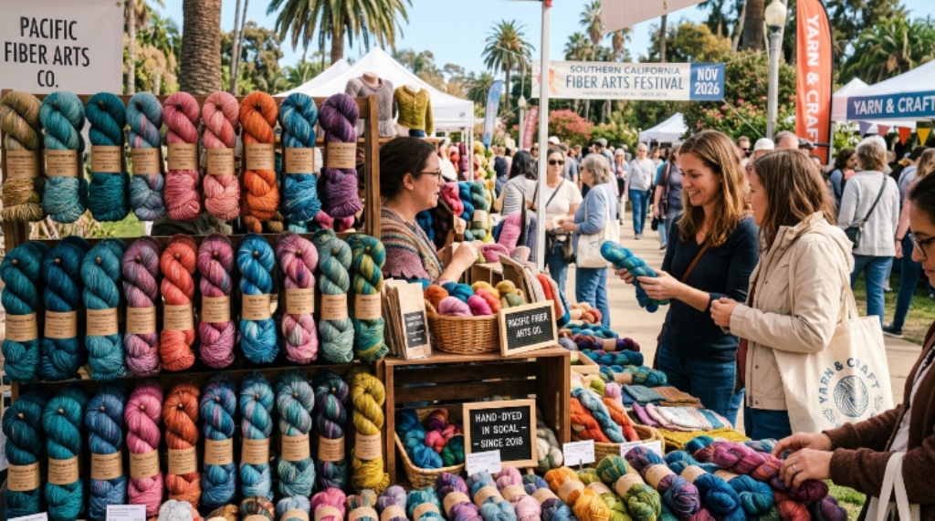 Colorful hand-dyed skeins of yarn displayed at a Southern California fiber arts fair in November 2026