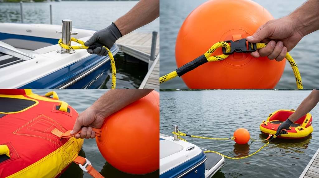 Tow harness connected to a pontoon boat for tubing